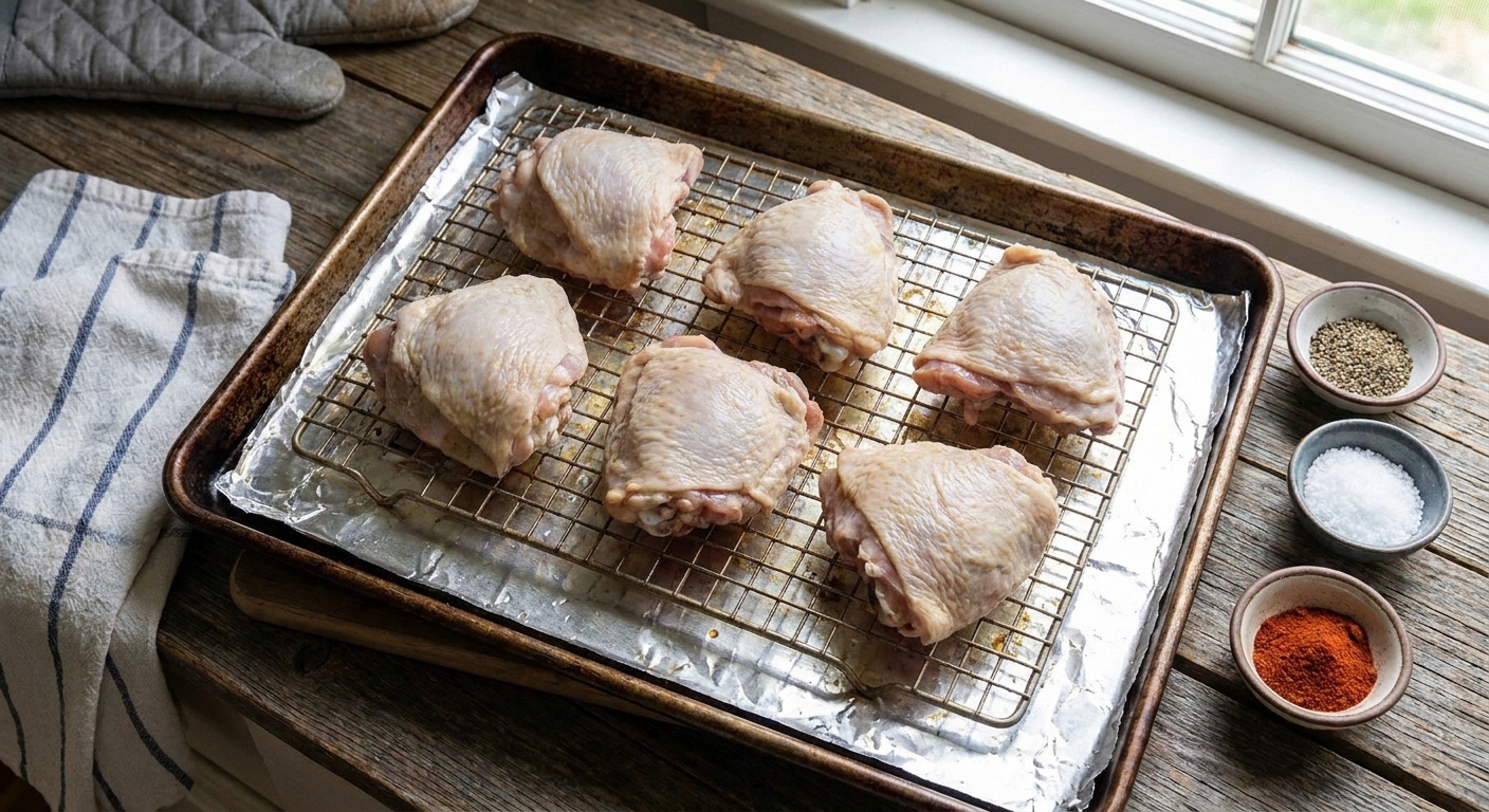 Raw bone-in skin-on chicken thighs on a sheet pan with small bowls of salt, pepper, garlic powder, and paprika nearby