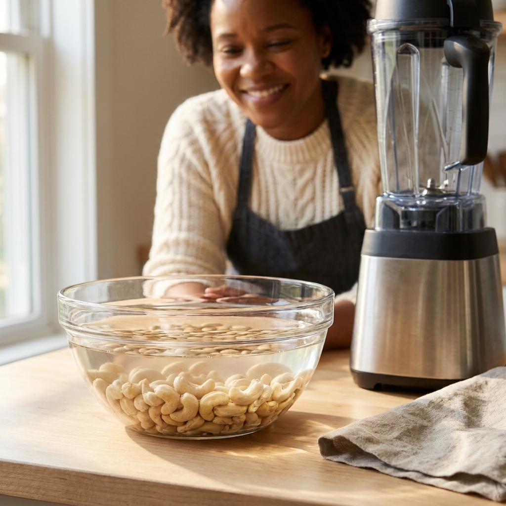 Raw cashews soaking in a glass bowl of water on a kitchen counter near a blender