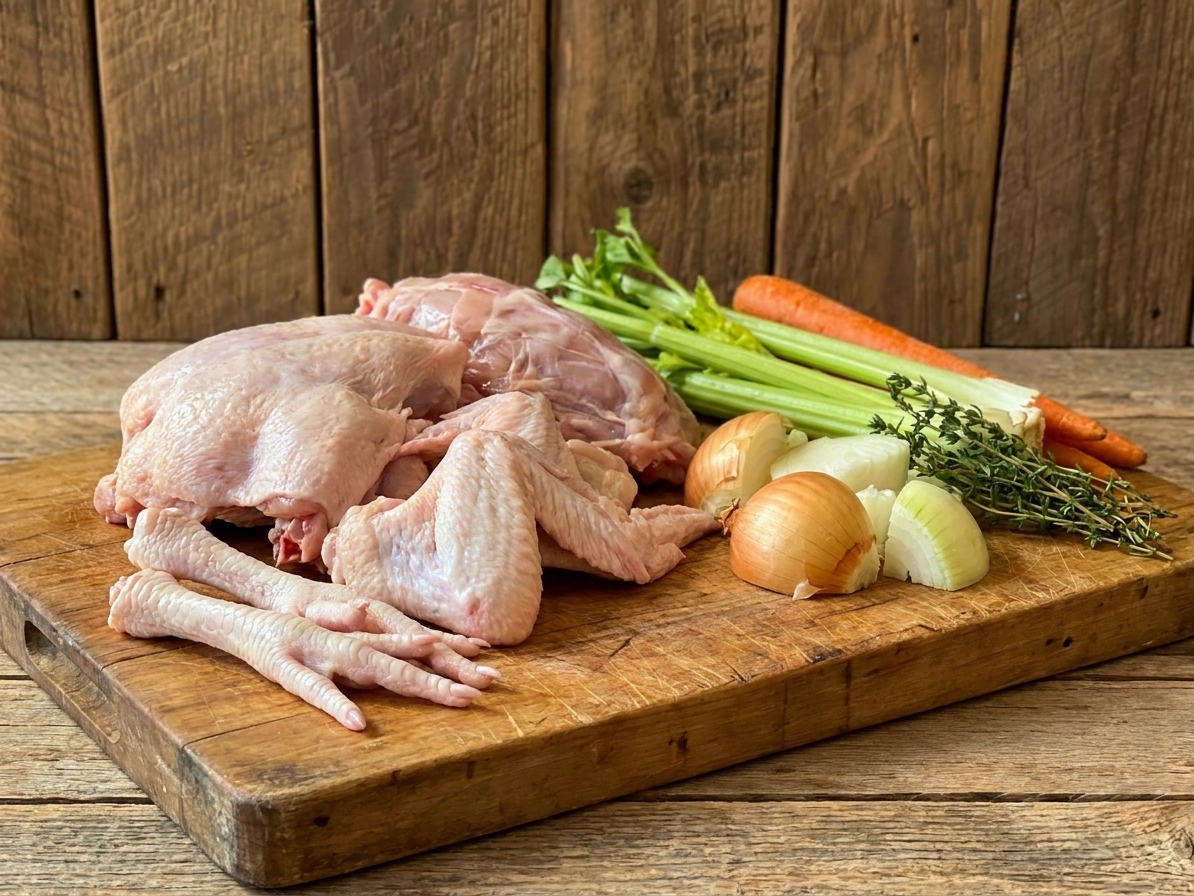 Raw chicken backs, wings, and feet arranged on a cutting board next to aromatics on a kitchen counter