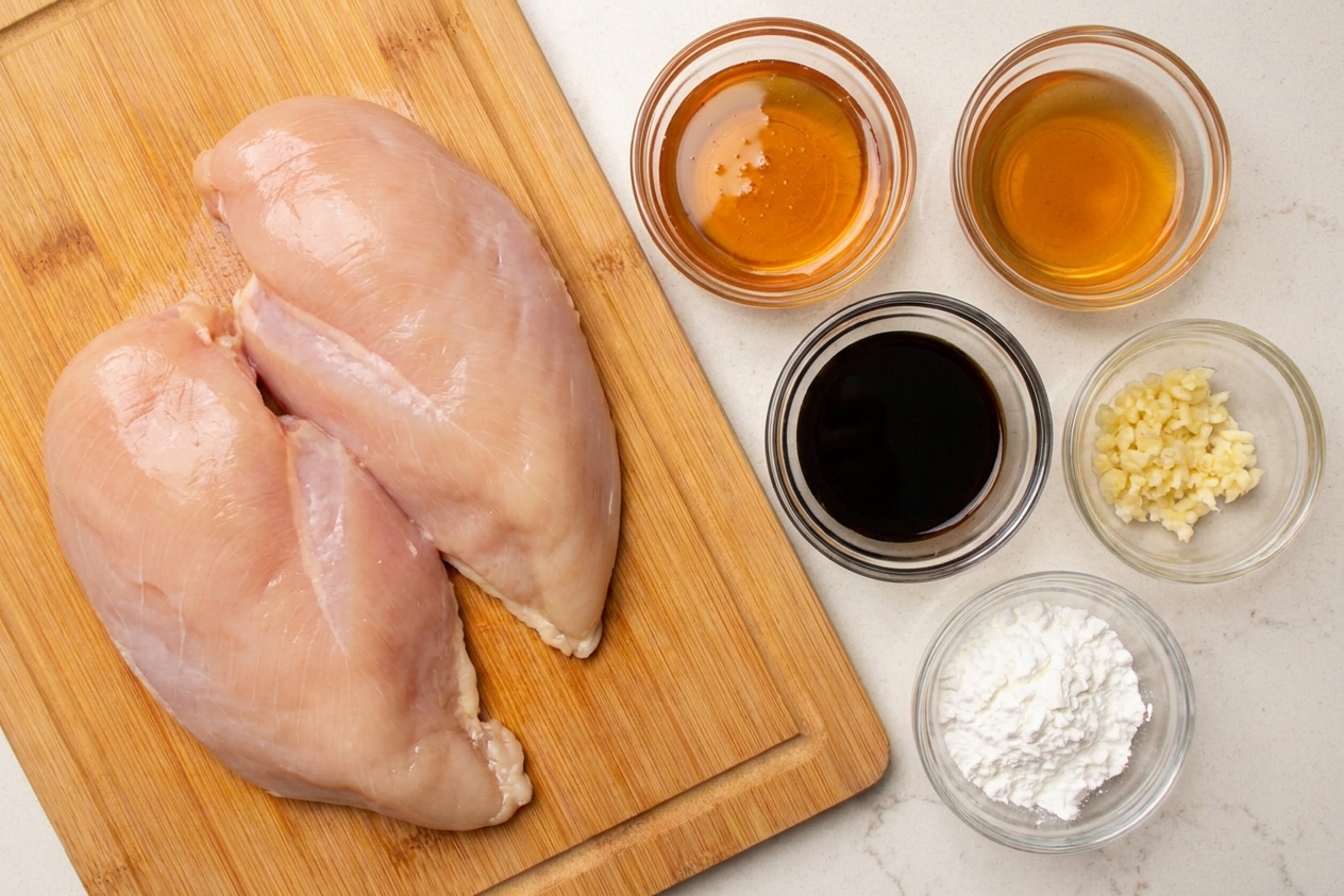 Raw chicken breasts on a cutting board beside small bowls of honey, apple cider vinegar, soy sauce, minced garlic, and cornstarch