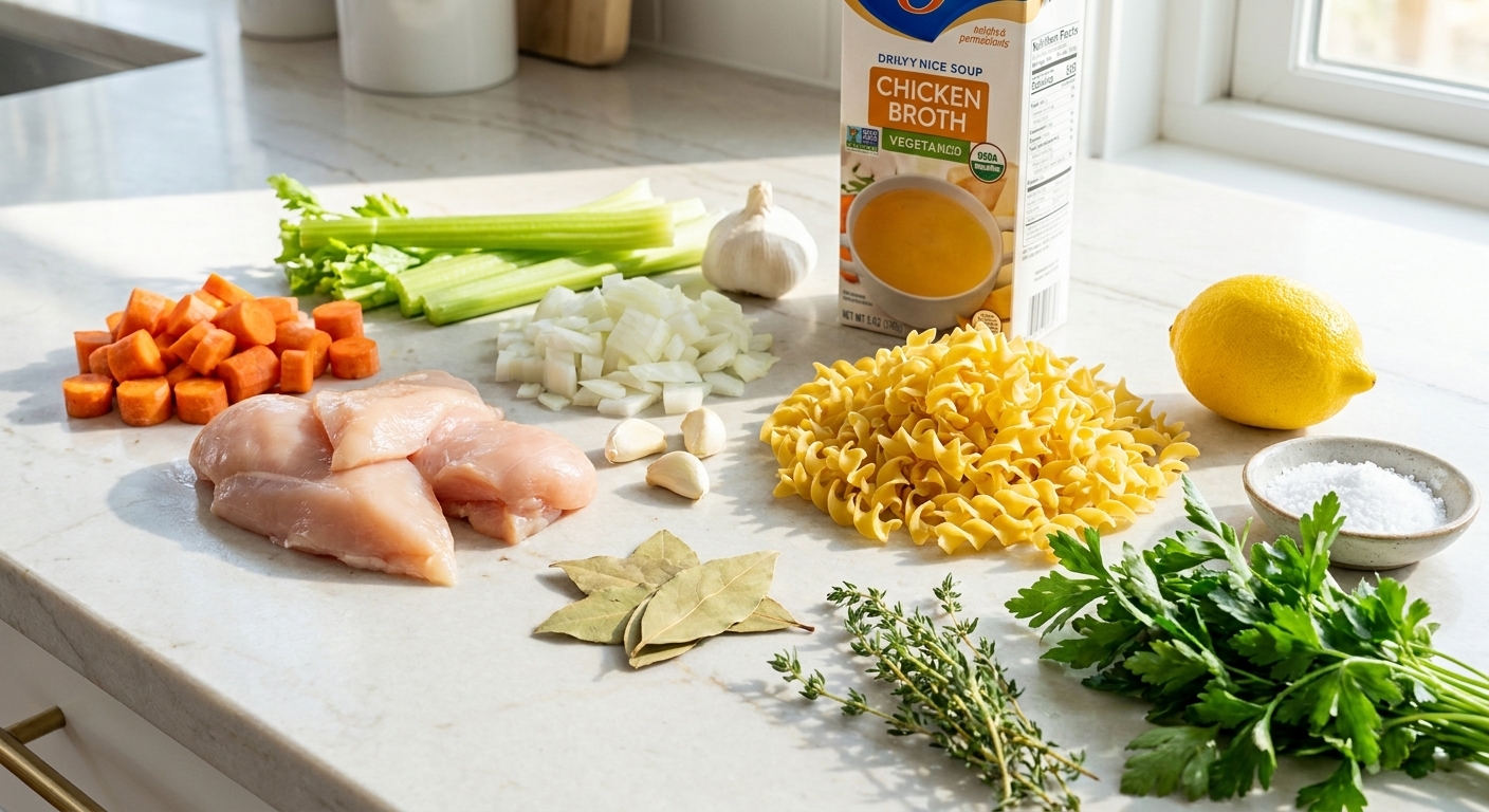 Raw chicken, carrots, celery, onion, garlic, chicken broth, egg noodles, bay leaves, thyme, parsley, lemon, and salt arranged on a bright kitchen counter