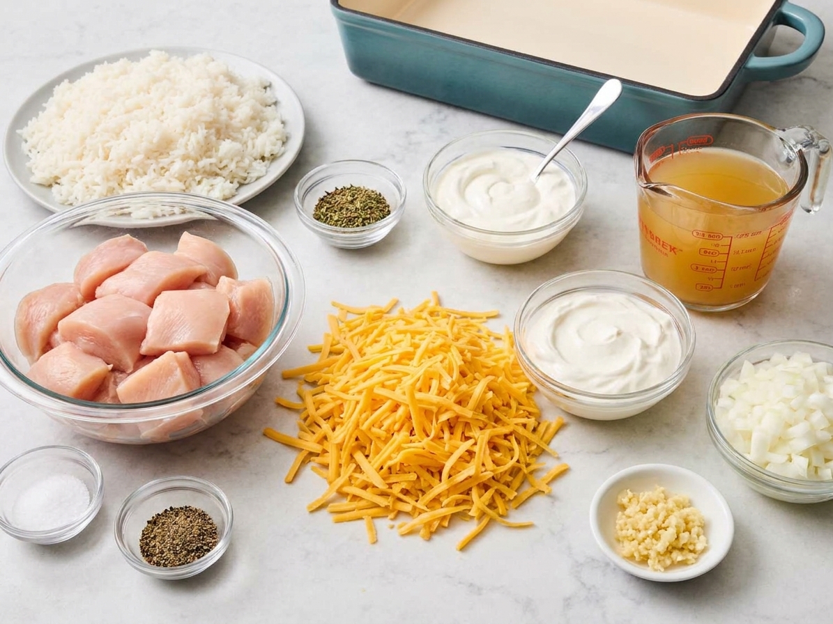 Raw chicken pieces, cooked rice, shredded cheddar, sour cream, chicken broth, onions, garlic, and seasonings arranged on a kitchen counter