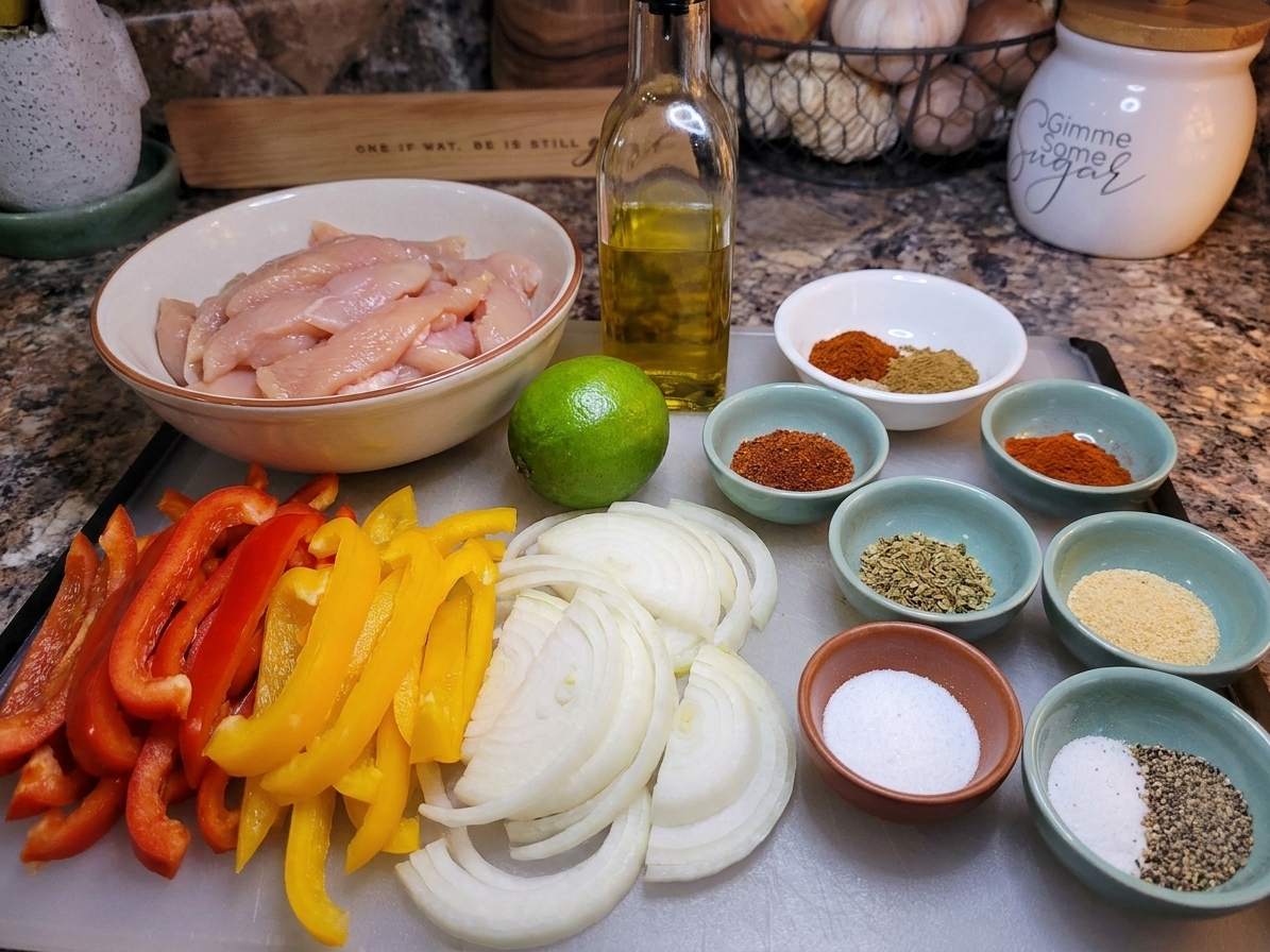 Raw chicken strips, sliced bell peppers, sliced onion, lime, olive oil, and small bowls of spices arranged on a kitchen counter