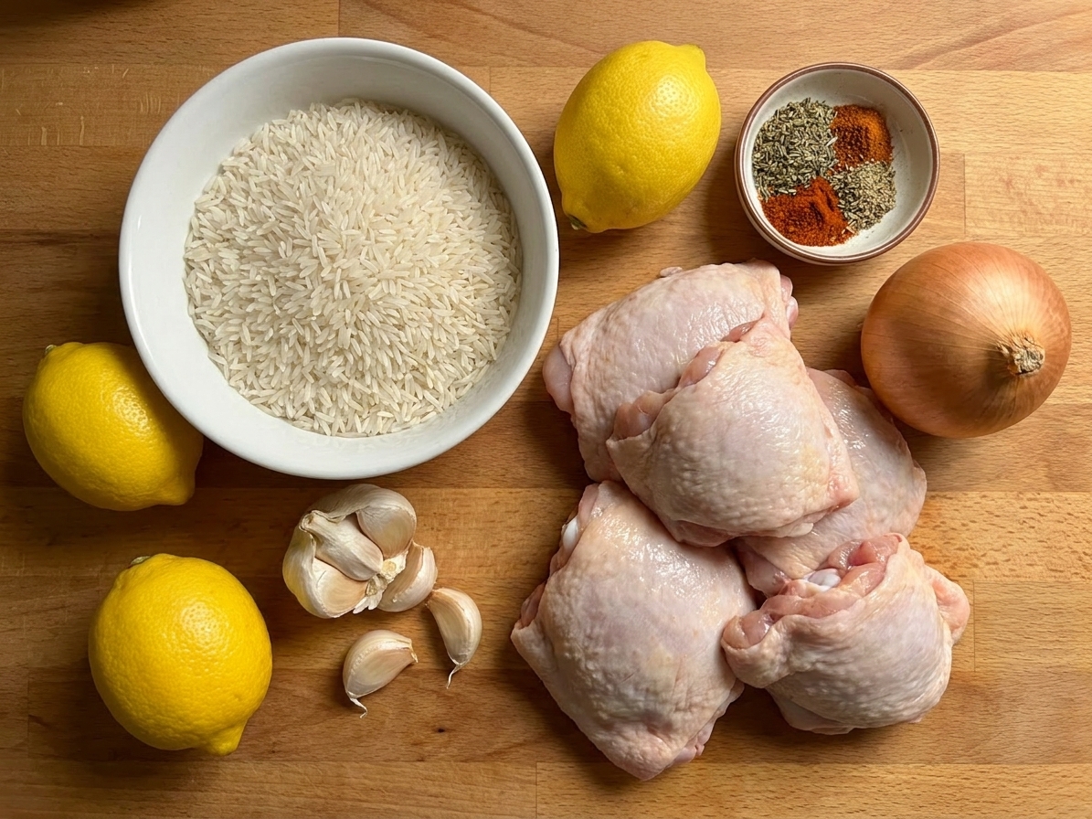 Raw chicken thighs, a bowl of uncooked long-grain rice, whole lemons, garlic cloves, onion, and a small dish of spices arranged on a kitchen counter