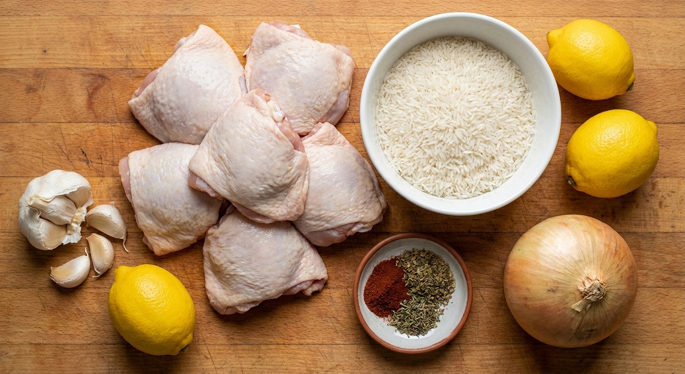 Raw chicken thighs, a bowl of uncooked long-grain rice, whole lemons, garlic cloves, onion, and a small dish of spices arranged on a kitchen counter