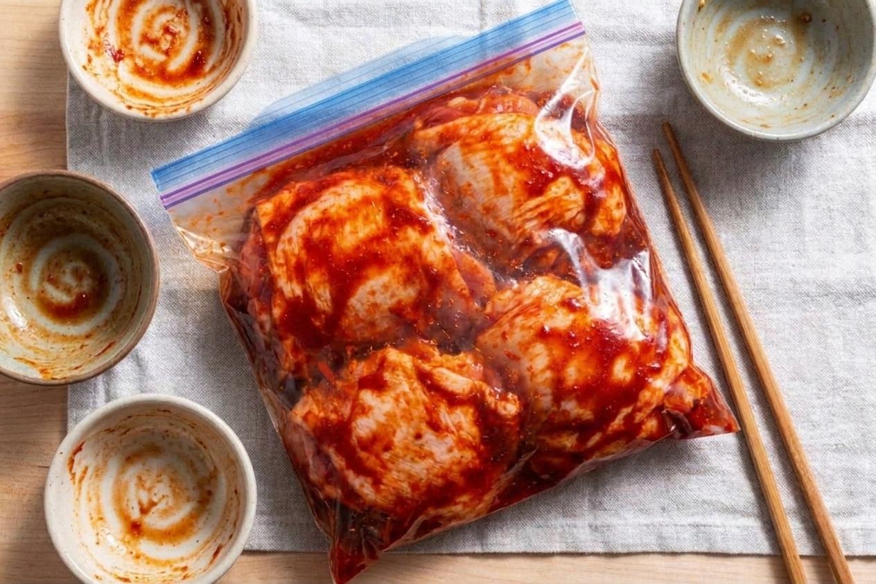 Raw chicken thighs coated in a red gochujang marinade inside a clear zip-top bag on a kitchen counter