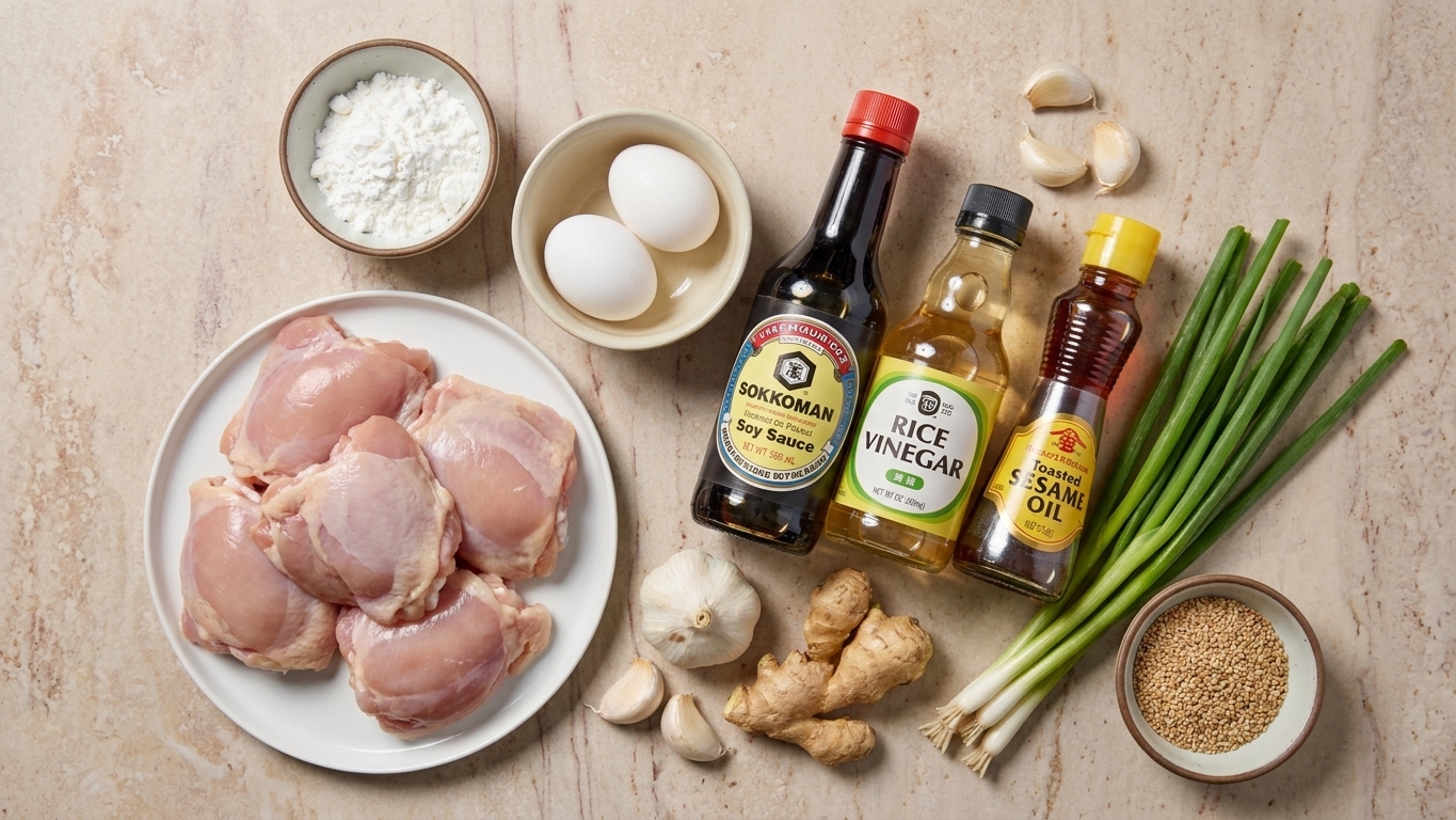 Raw chicken thighs, cornstarch, eggs, soy sauce, garlic, ginger, rice vinegar, honey, sesame oil, scallions, and sesame seeds arranged on a kitchen counter