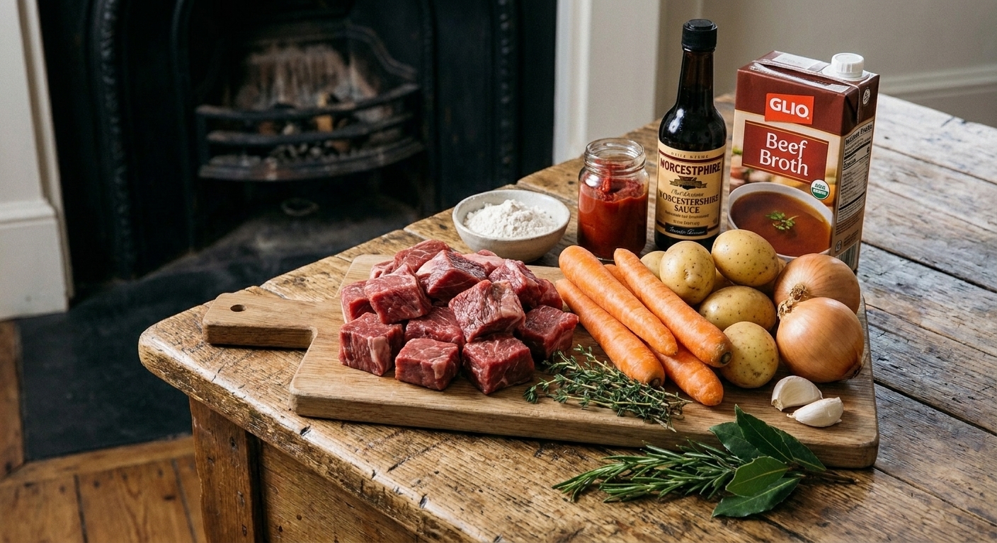 Raw chuck roast cubes, carrots, potatoes, onion, garlic, beef broth, tomato paste, Worcestershire sauce, flour, and herbs arranged on a kitchen counter