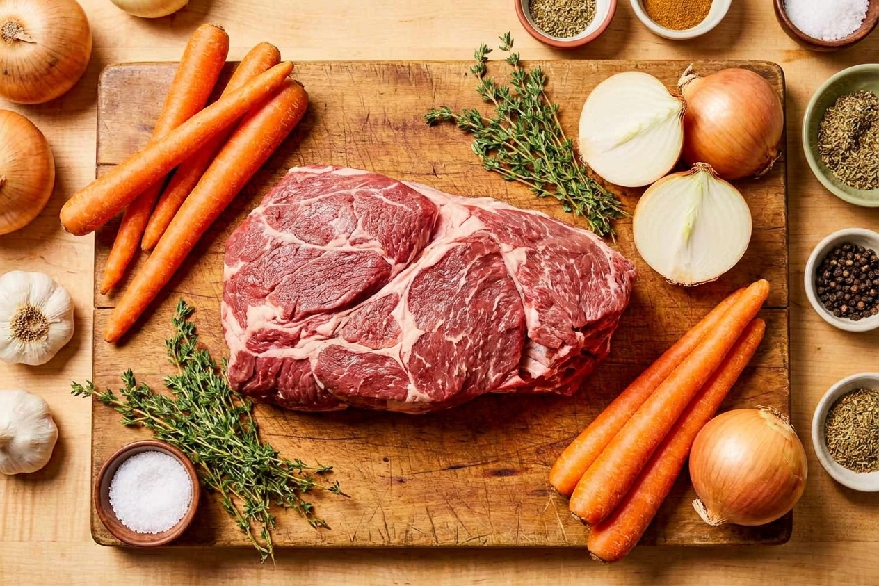 Raw chuck roast on a cutting board with whole carrots, yellow onions, garlic, fresh thyme, and small bowls of spices on a kitchen counter