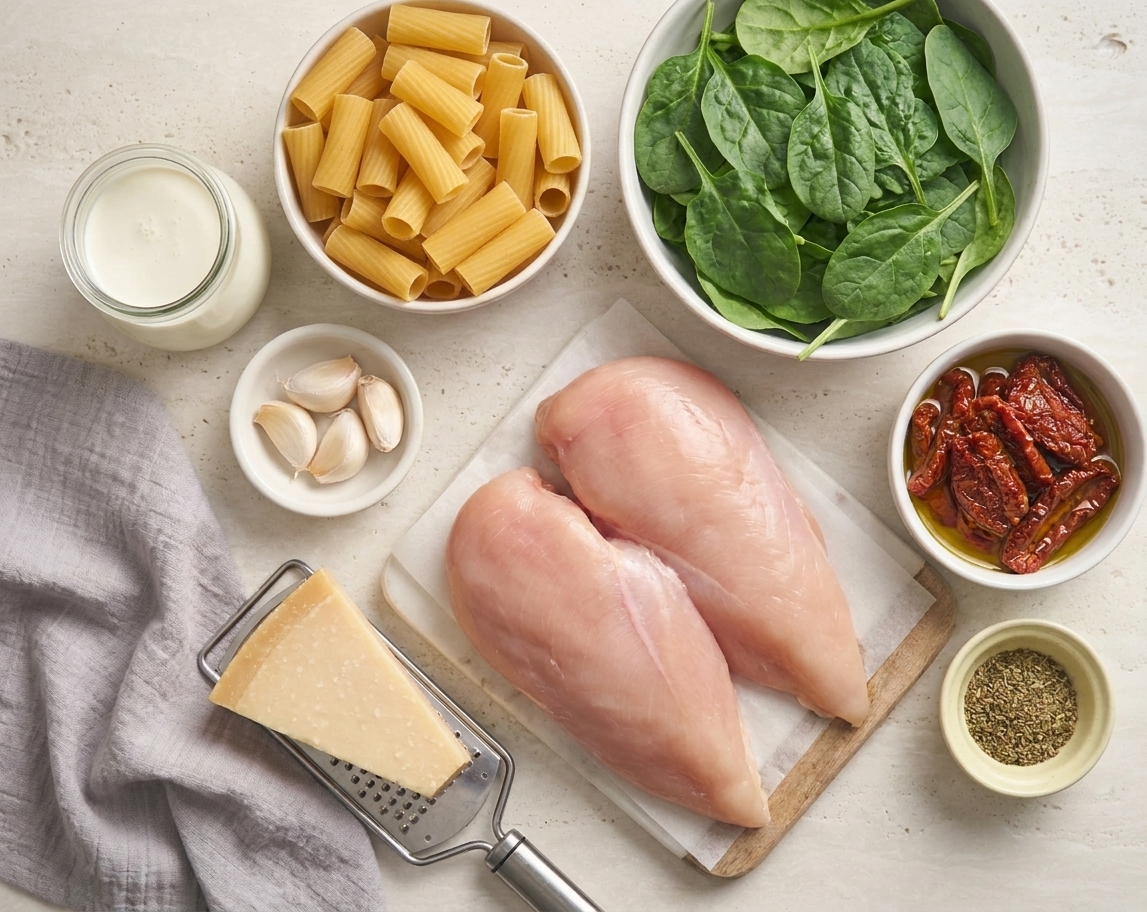 Raw ingredients for Tuscan chicken pasta on a kitchen counter including chicken breasts, pasta, spinach, sun-dried tomatoes, garlic, cream, Parmesan, and Italian seasoning