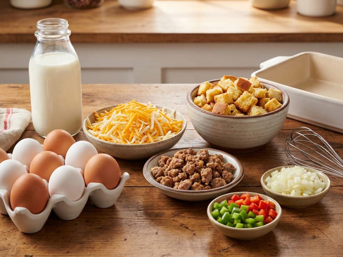 Raw ingredients for a breakfast casserole arranged on a kitchen counter including eggs, milk, shredded cheese, bread cubes, sausage, onion, and bell pepper