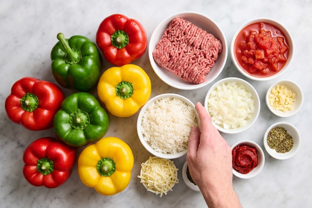 Raw ingredients for stuffed bell peppers arranged on a counter: bell peppers, ground beef, cooked rice, diced tomatoes, onion, garlic, tomato paste, shredded cheese, and dried herbs