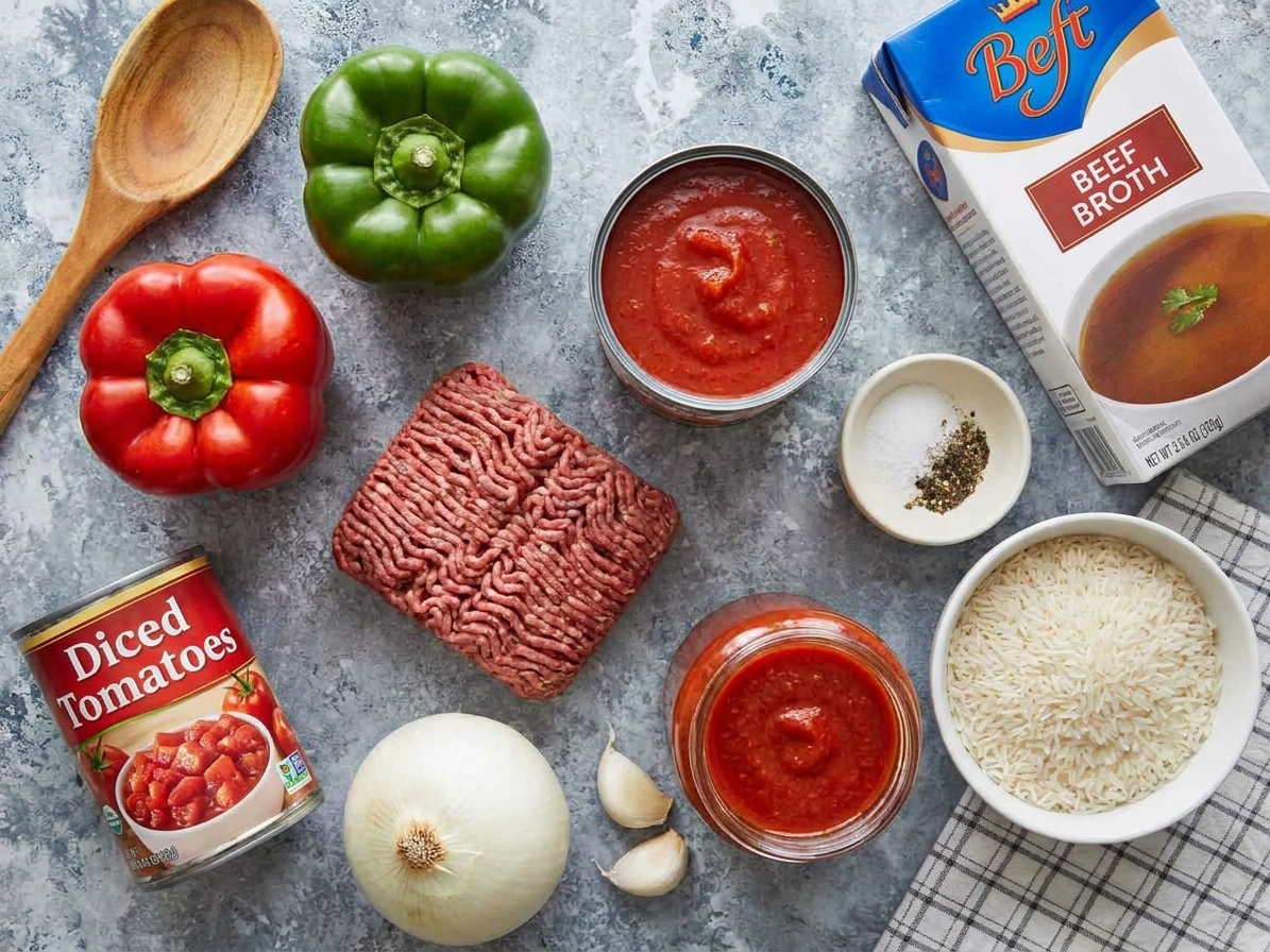 Raw ingredients for stuffed pepper soup arranged on a kitchen counter including bell peppers, ground beef, onion, garlic, diced tomatoes, tomato sauce, broth, and uncooked rice