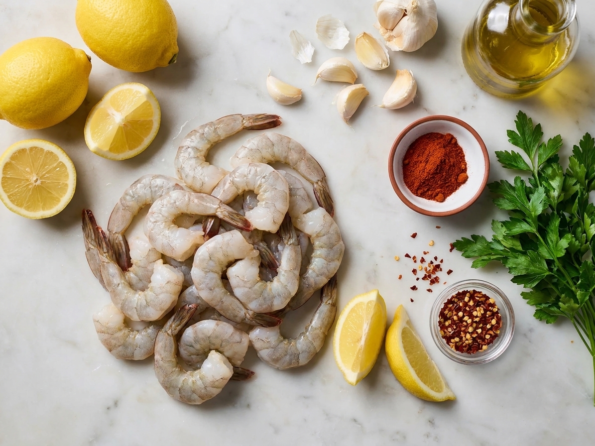 Raw peeled shrimp, lemons, garlic cloves, olive oil, paprika, chili flakes, and parsley arranged on a kitchen counter