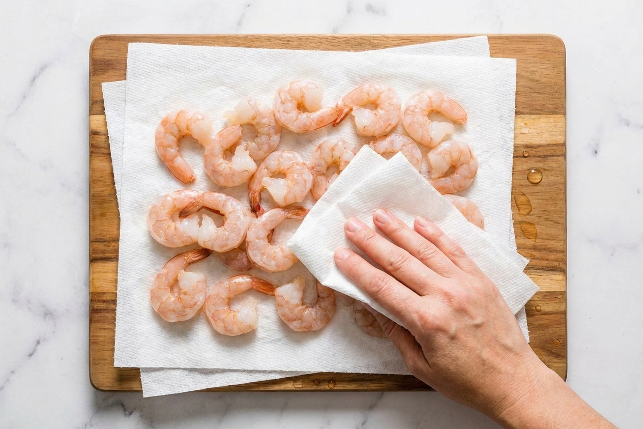 Raw peeled shrimp spread on paper towels on a cutting board, being patted dry before cooking