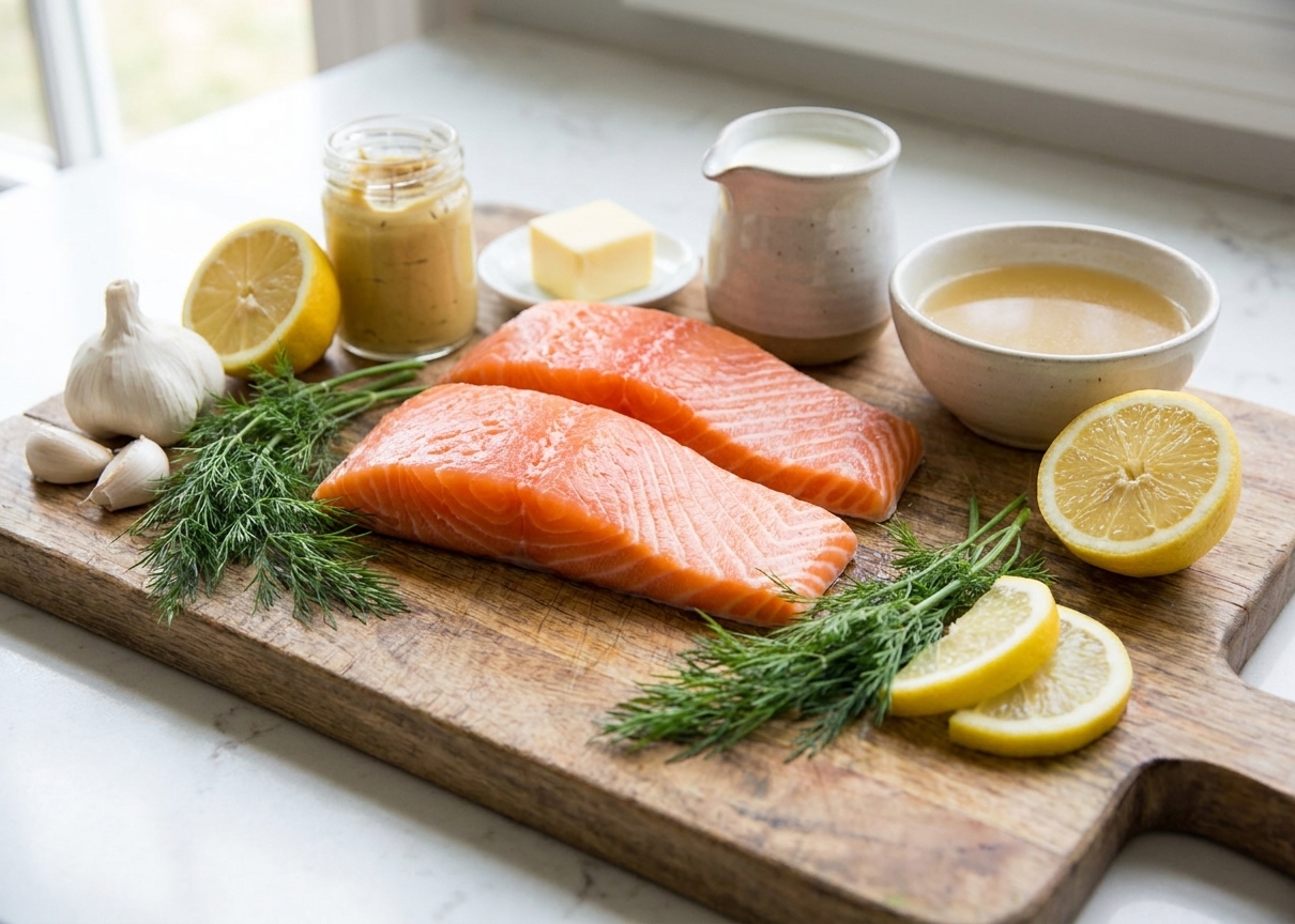 Raw salmon fillets on a cutting board with lemon, fresh dill, garlic cloves, Dijon mustard, butter, cream, and a small bowl of broth on a kitchen counter