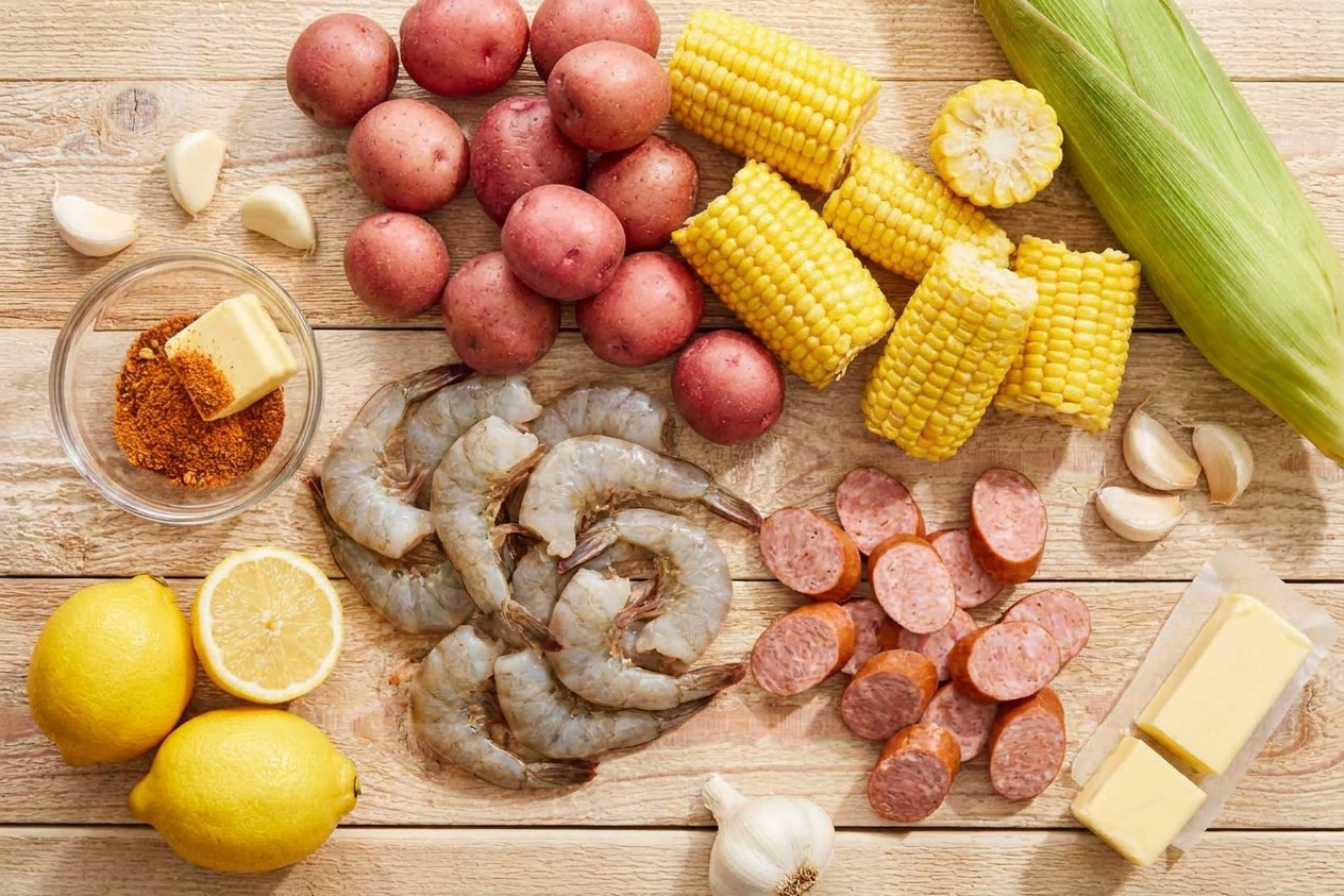 Raw shrimp, baby potatoes, corn on the cob, smoked sausage, lemons, garlic, butter, and seafood seasoning arranged on a kitchen counter