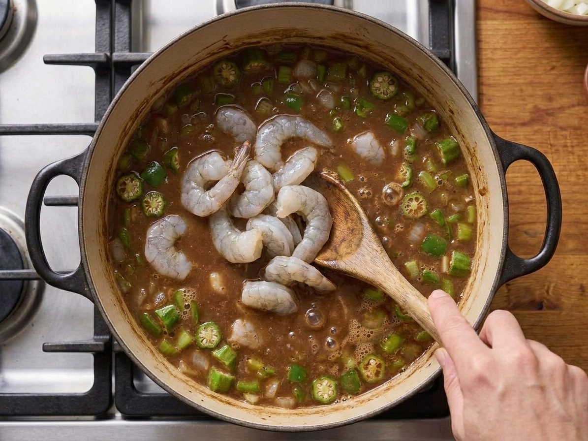 Raw shrimp being stirred into a pot of simmering gumbo with a dark broth and visible diced vegetables