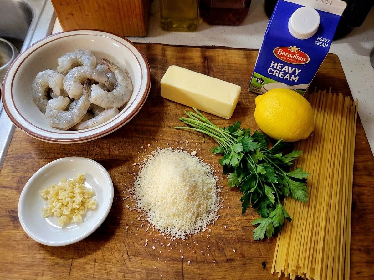 Raw shrimp, minced garlic, grated Parmesan, butter, cream, lemon, parsley, and dry pasta arranged on a kitchen counter