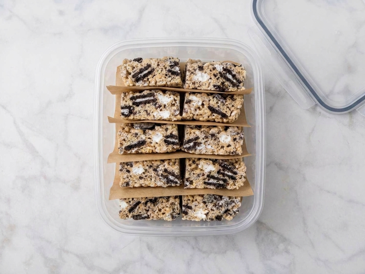 Rice Krispie treat squares stacked in an airtight container with parchment paper between layers