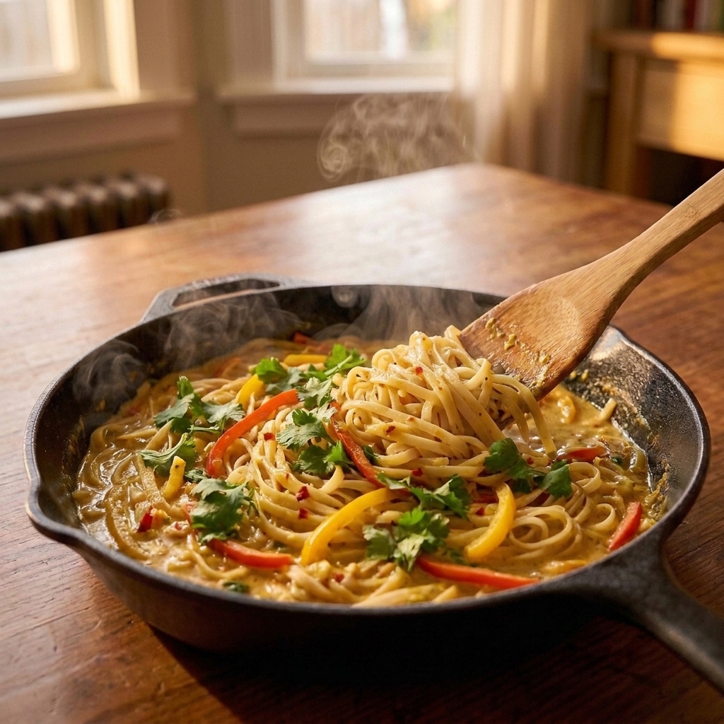Rice noodles tossed in a creamy coconut curry sauce with bell pepper strips and cilantro in a skillet