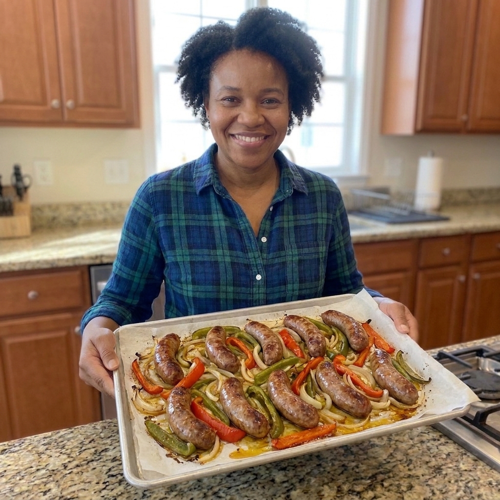 Roasted Italian sausage links on a sheet pan with caramelized bell pepper strips and sliced onions