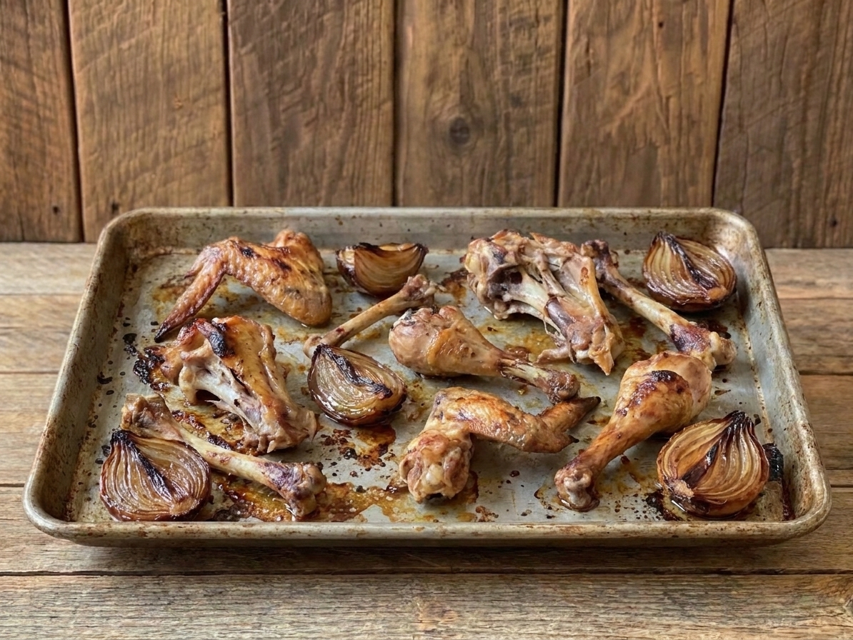 Roasted chicken bones and onion halves on a sheet pan, browned and caramelized