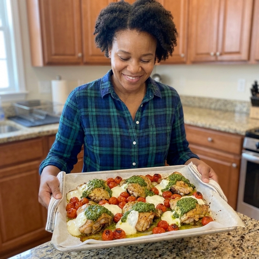 Roasted chicken thighs and blistered cherry tomatoes on a parchment-lined sheet pan with spoonfuls of green pesto and softened mozzarella