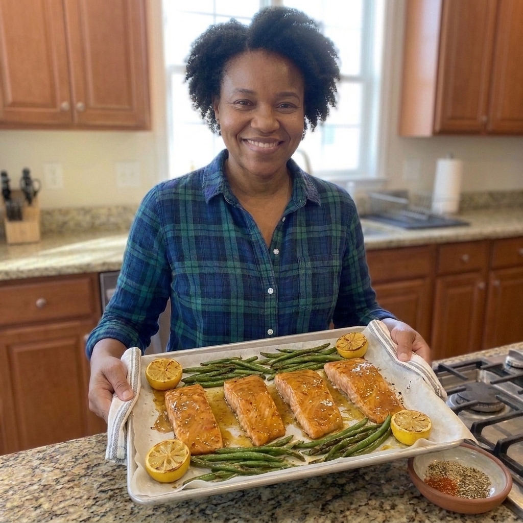 Roasted salmon fillets glazed with honey mustard on a sheet pan with blistered green beans and lemon halves