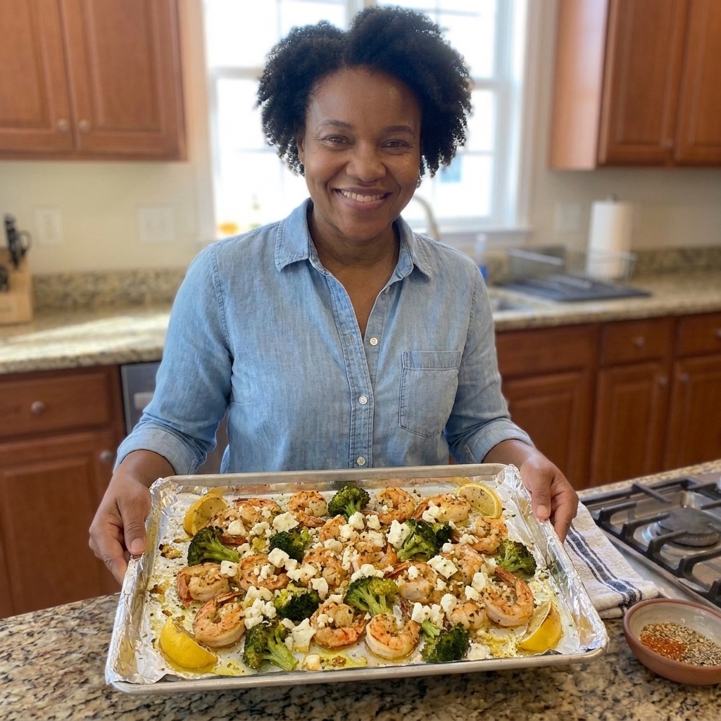 Roasted shrimp and broccoli on a foil-lined sheet pan with visible minced garlic, lemon wedges, and crumbled feta