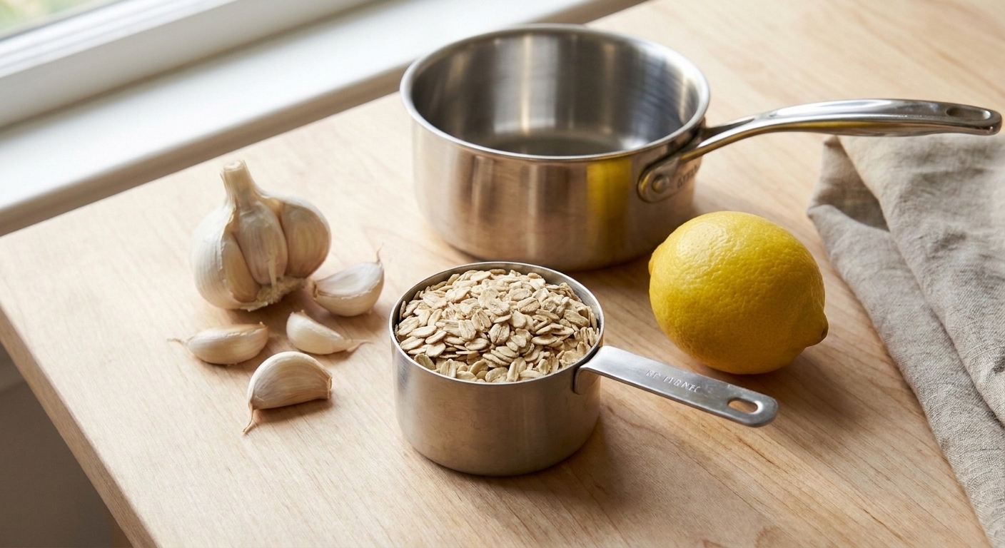 Rolled oats in a metal measuring cup next to garlic, lemon, and a small saucepan on a kitchen counter