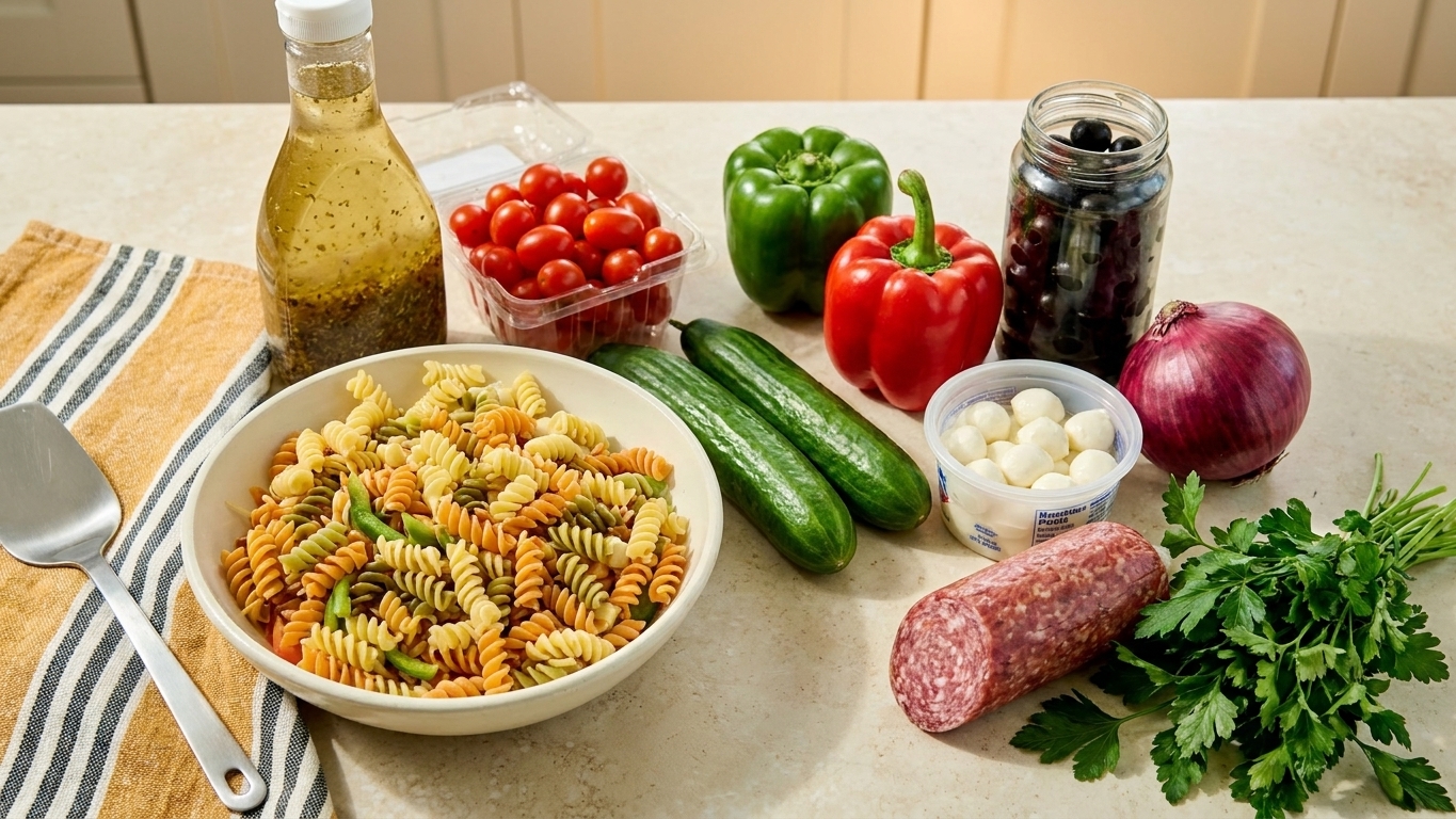 Rotini pasta, bottled Italian dressing, cherry tomatoes, cucumbers, bell peppers, red onion, black olives, mozzarella pearls, salami, and fresh parsley arranged on a kitchen countertop