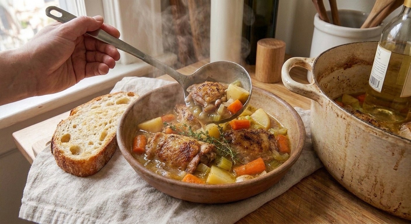 Rustic chicken stew being ladled from a Dutch oven into a wide shallow bowl on a kitchen counter