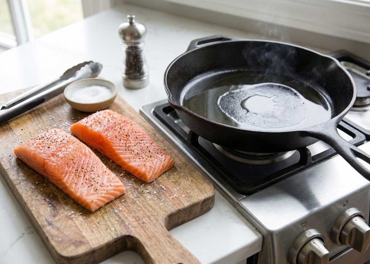 Salmon fillets patted dry and seasoned with salt and pepper beside a preheated skillet on a stovetop