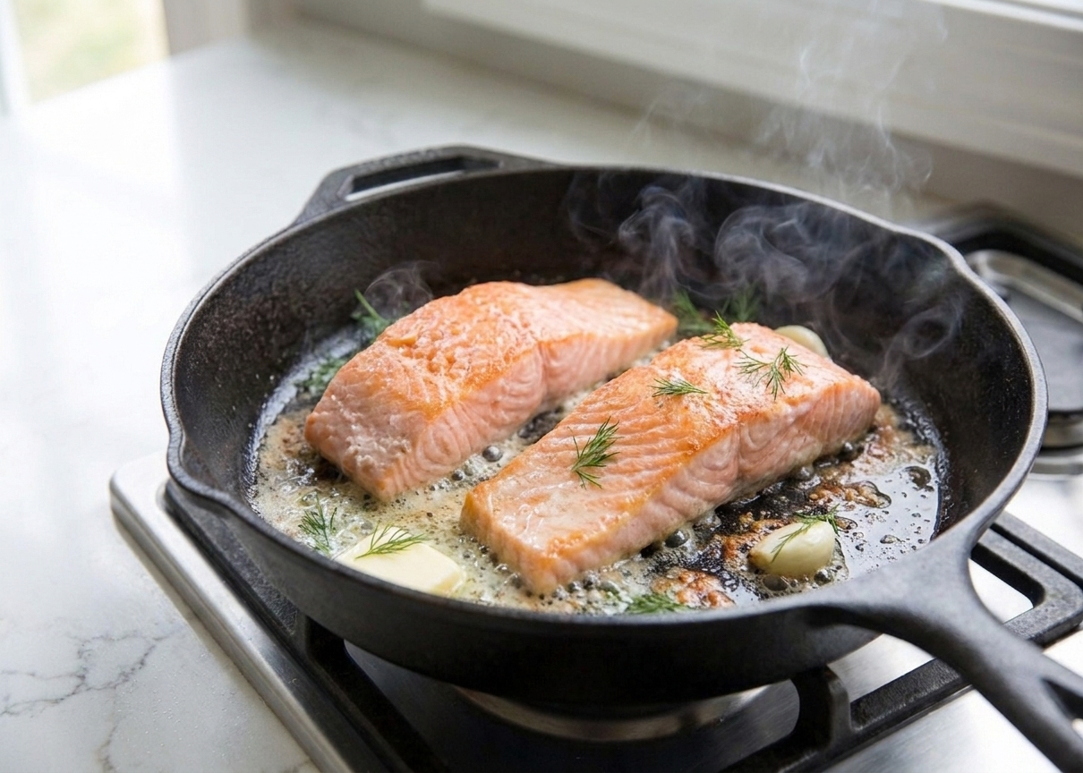 Salmon fillets searing in a hot skillet with butter, edges turning opaque as they cook