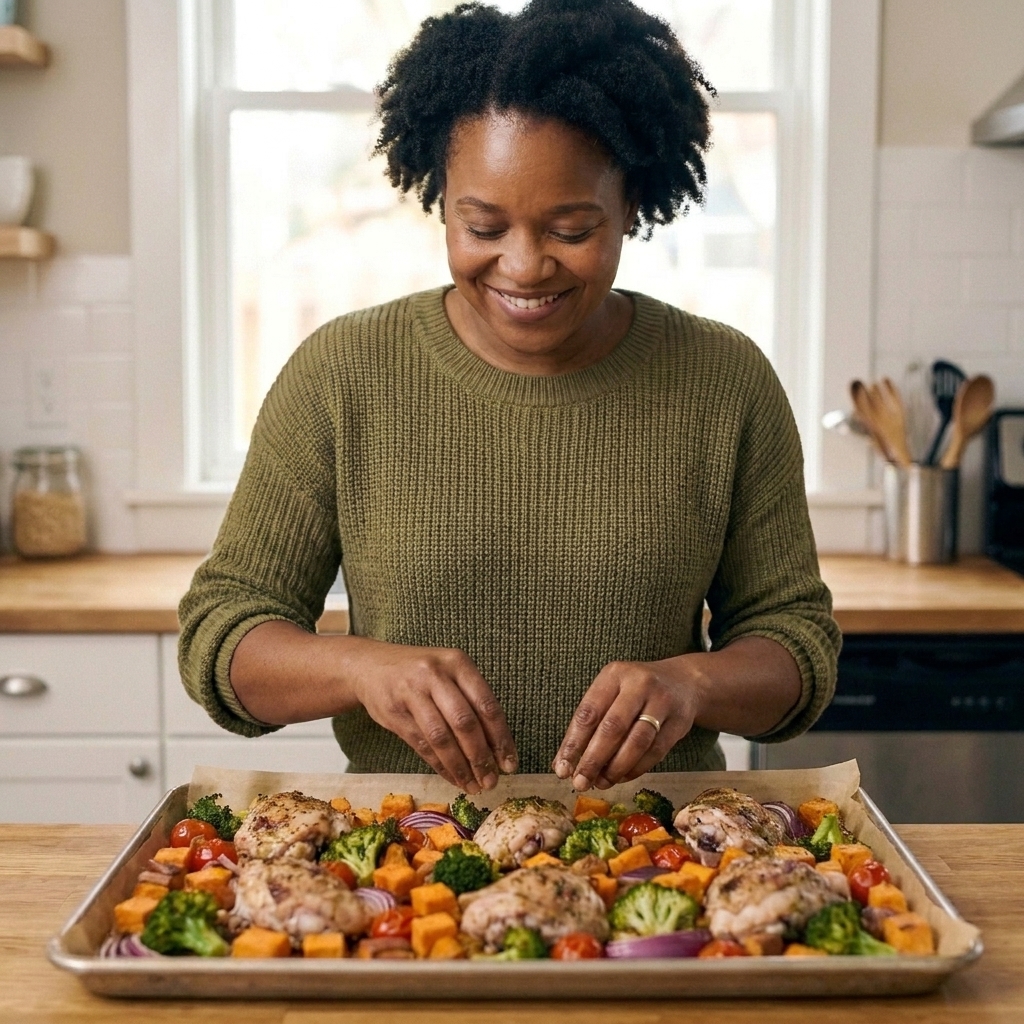 Seasoned chicken thighs and chopped vegetables spread across a parchment-lined sheet pan before roasting