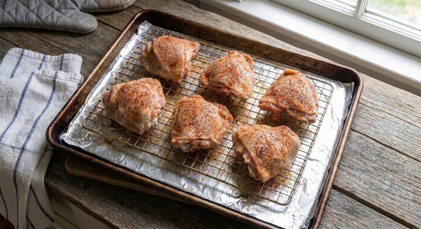 Seasoned chicken thighs arranged skin-side up on a wire rack set inside a rimmed baking sheet