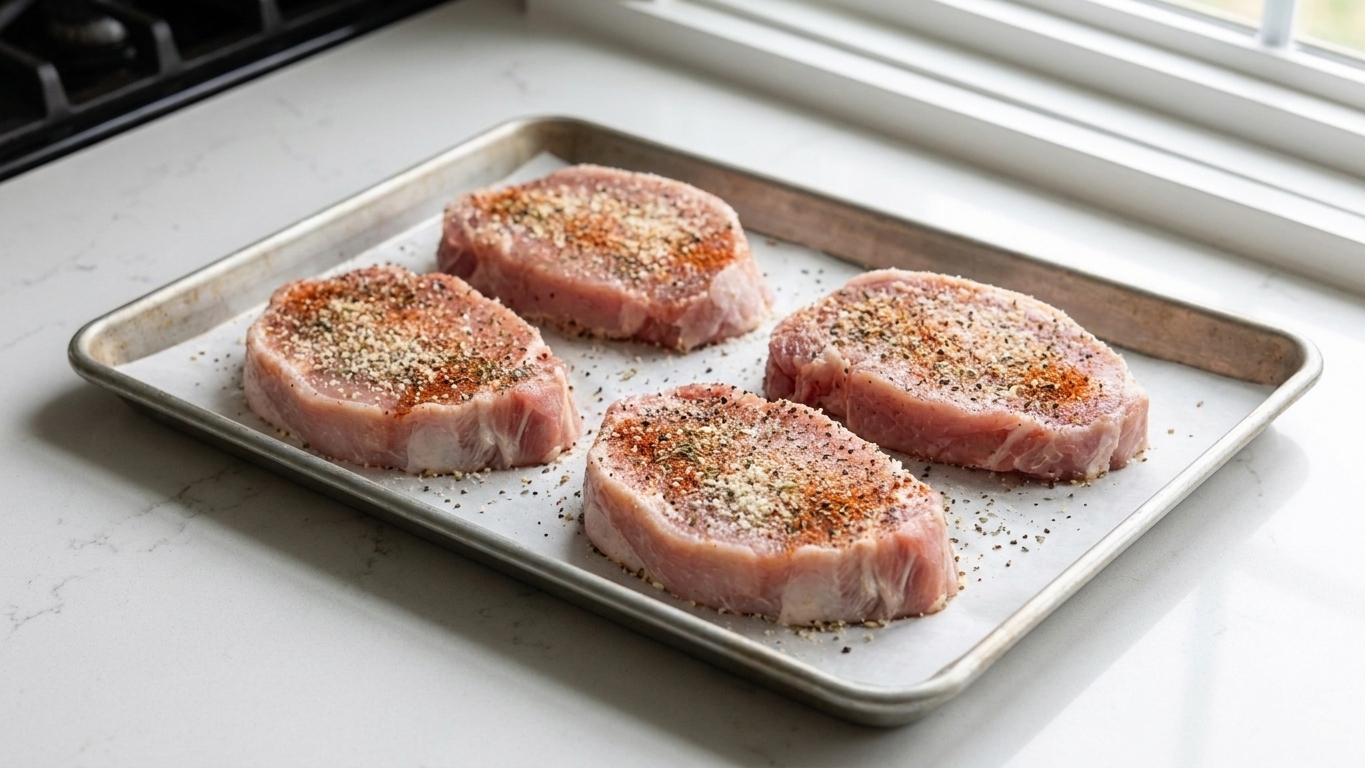 Seasoned pork chops arranged in a single layer on a parchment-lined baking sheet, ready to go into the oven