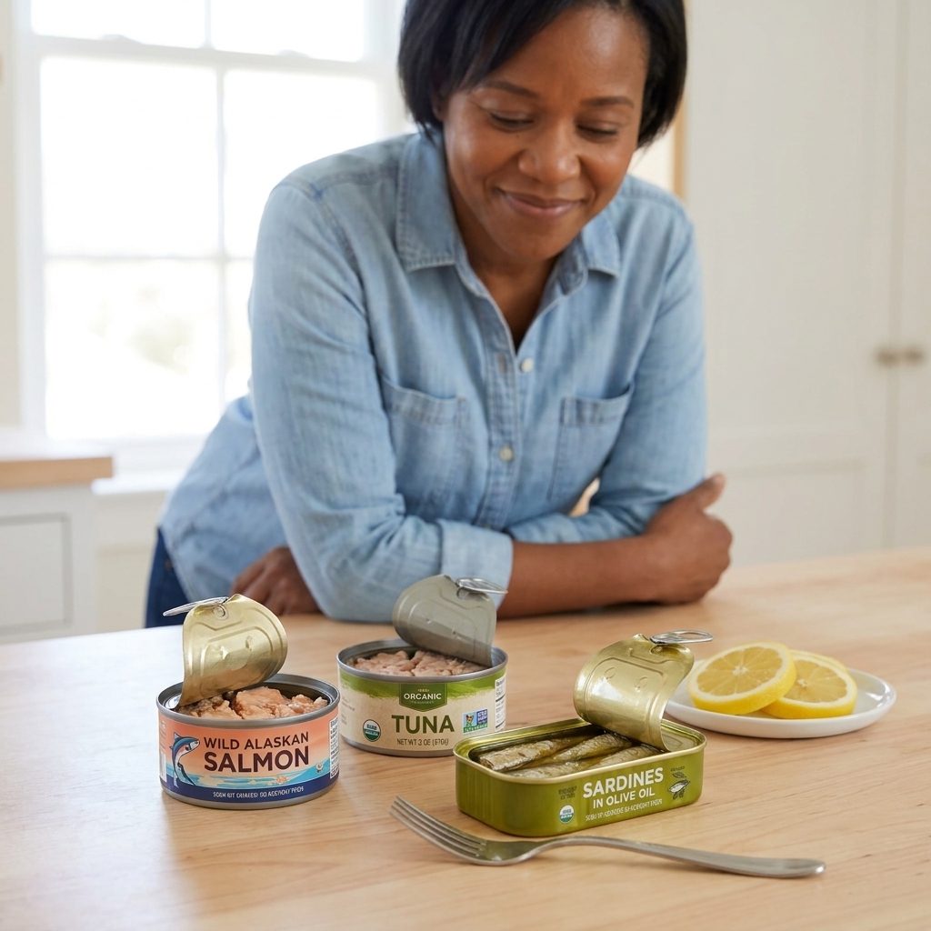 Several opened cans of tuna, salmon, and sardines on a counter with a fork and sliced lemon nearby