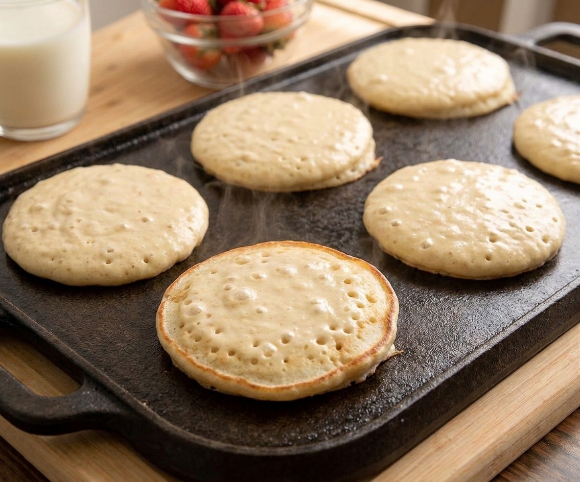 Several pancakes cooking on a griddle with bubbles forming on the surface and edges beginning to set
