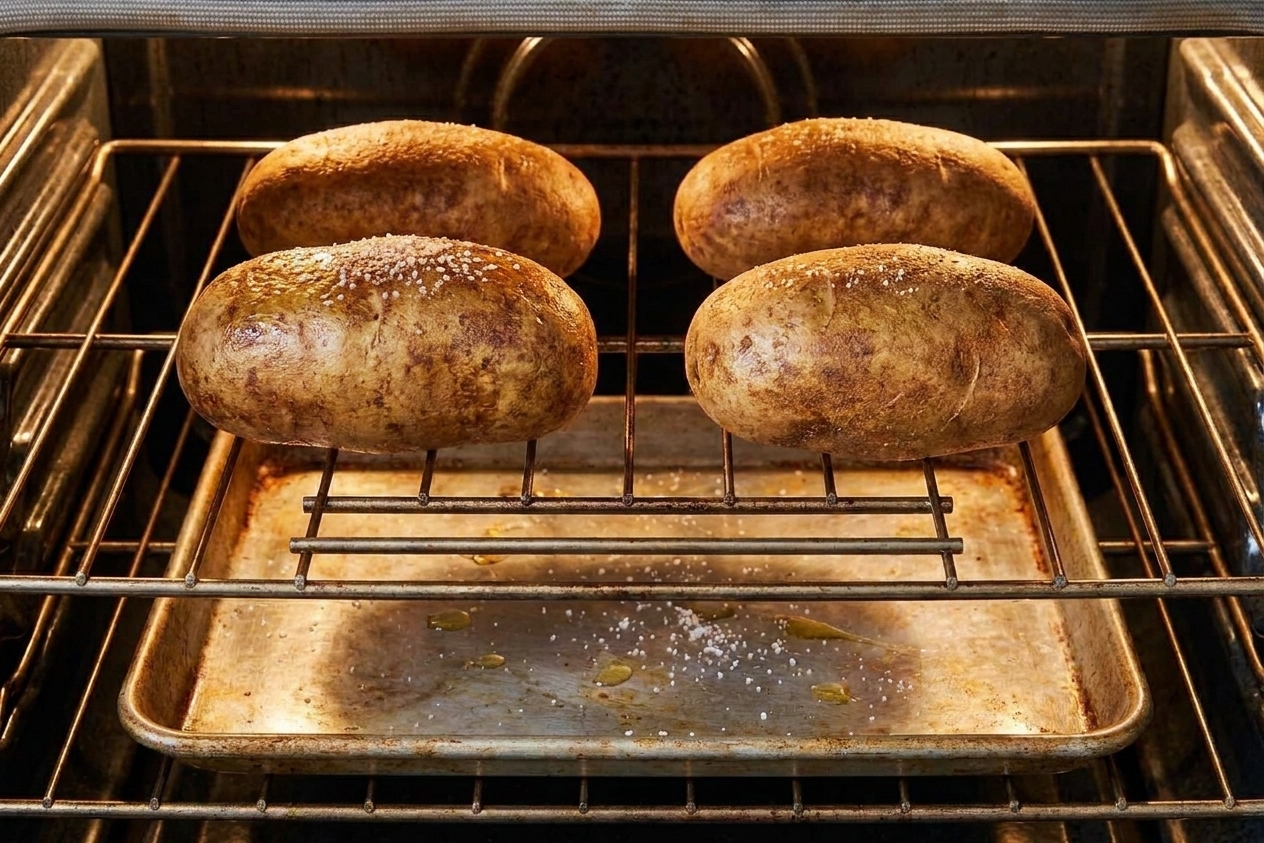 Several russet potatoes baking directly on an oven rack with a sheet pan on the rack below