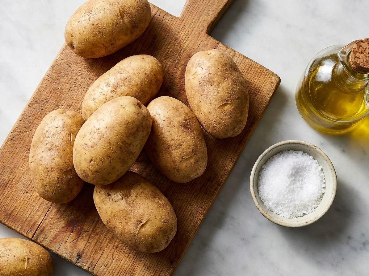 Several scrubbed russet potatoes on a wooden cutting board next to a small bowl of salt and a bottle of olive oil on a kitchen counter