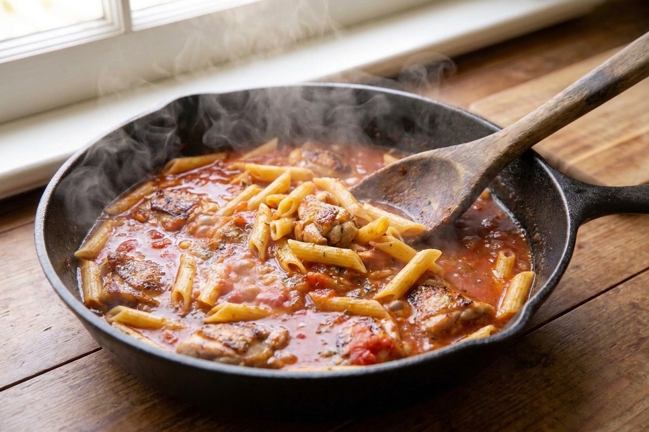Short pasta simmering in a tomato broth sauce in a wide skillet, with steam rising and a spoon stirring