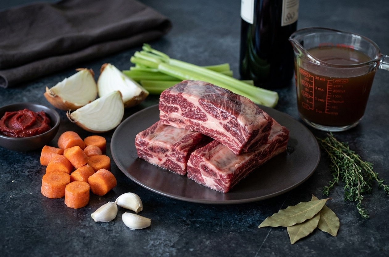 Short ribs, onions, carrots, celery, garlic, tomato paste, red wine, beef stock, thyme, and bay leaves set out for cooking