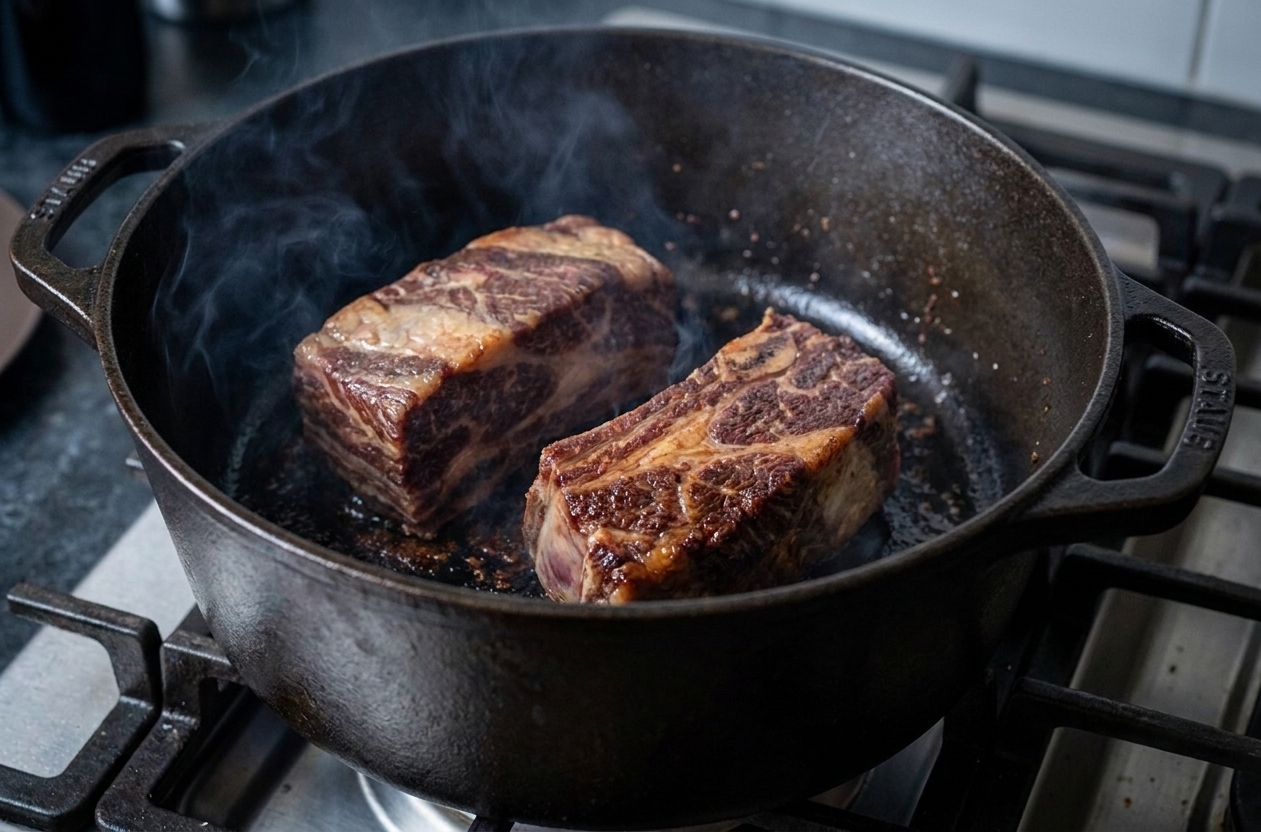 Short ribs searing in a Dutch oven on the stovetop, developing a deep brown crust