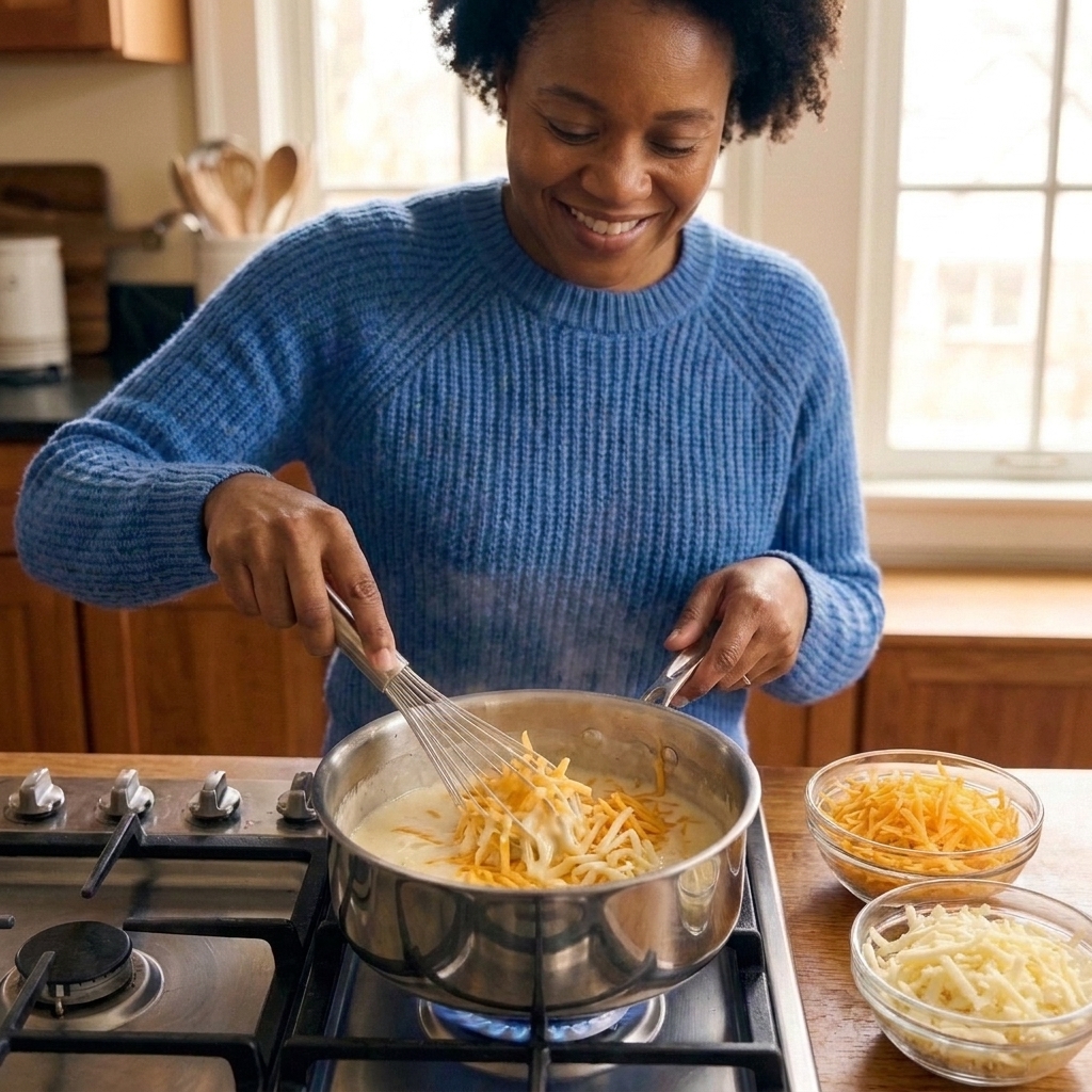 Shredded cheddar and Monterey Jack being stirred into a creamy sauce in a pot