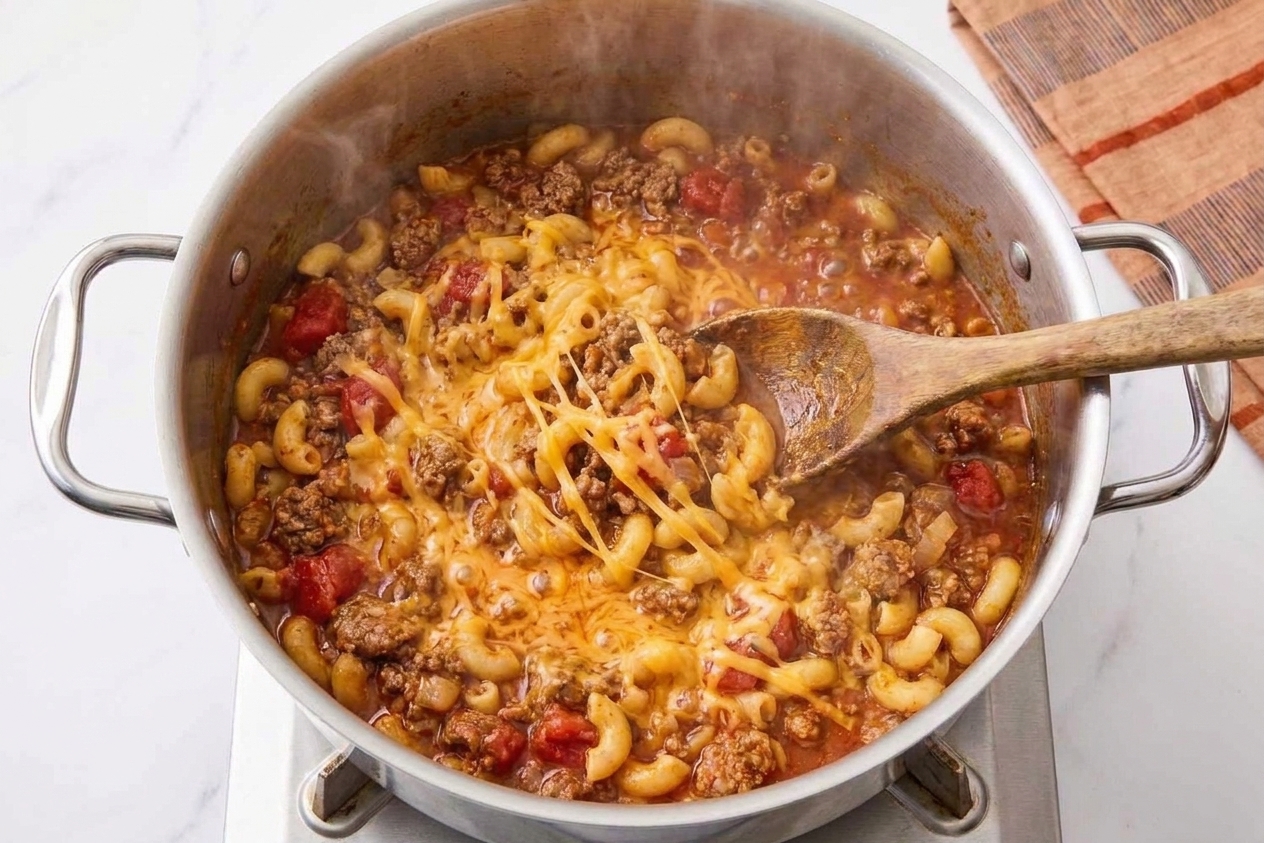 Shredded cheddar melting over hot American goulash in a pot as it is stirred in
