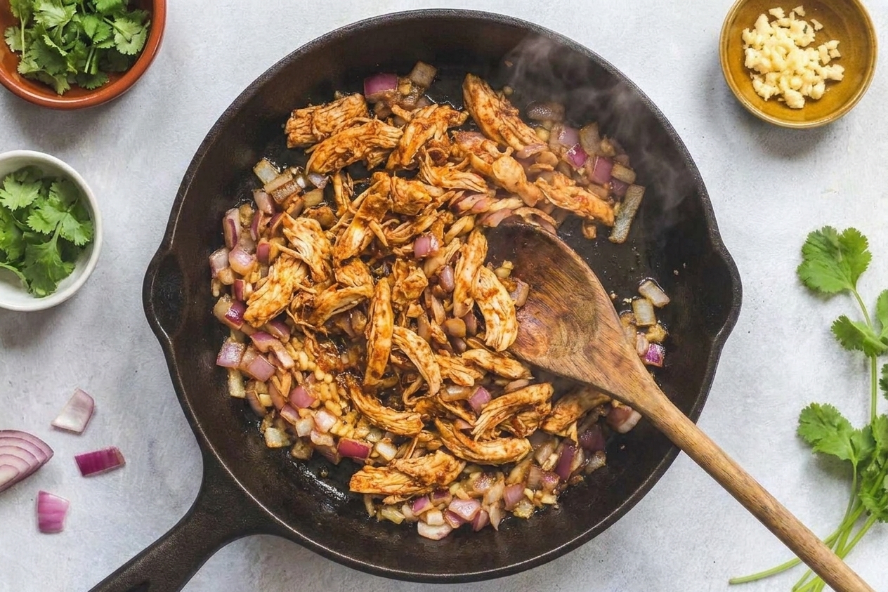 Shredded chicken coated in reddish spices in a skillet with visible onion pieces