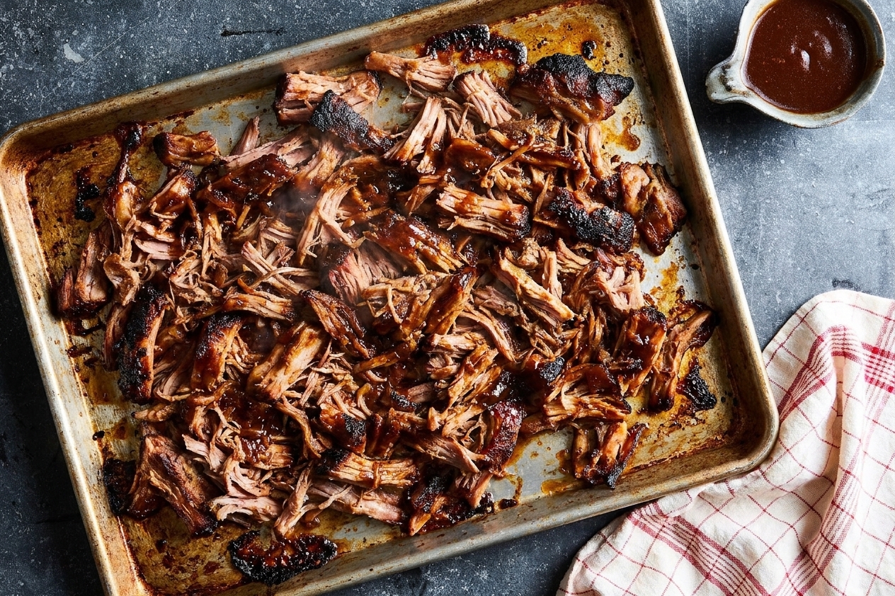 Shredded pulled pork spread on a sheet pan with caramelized crispy edges under warm kitchen lighting