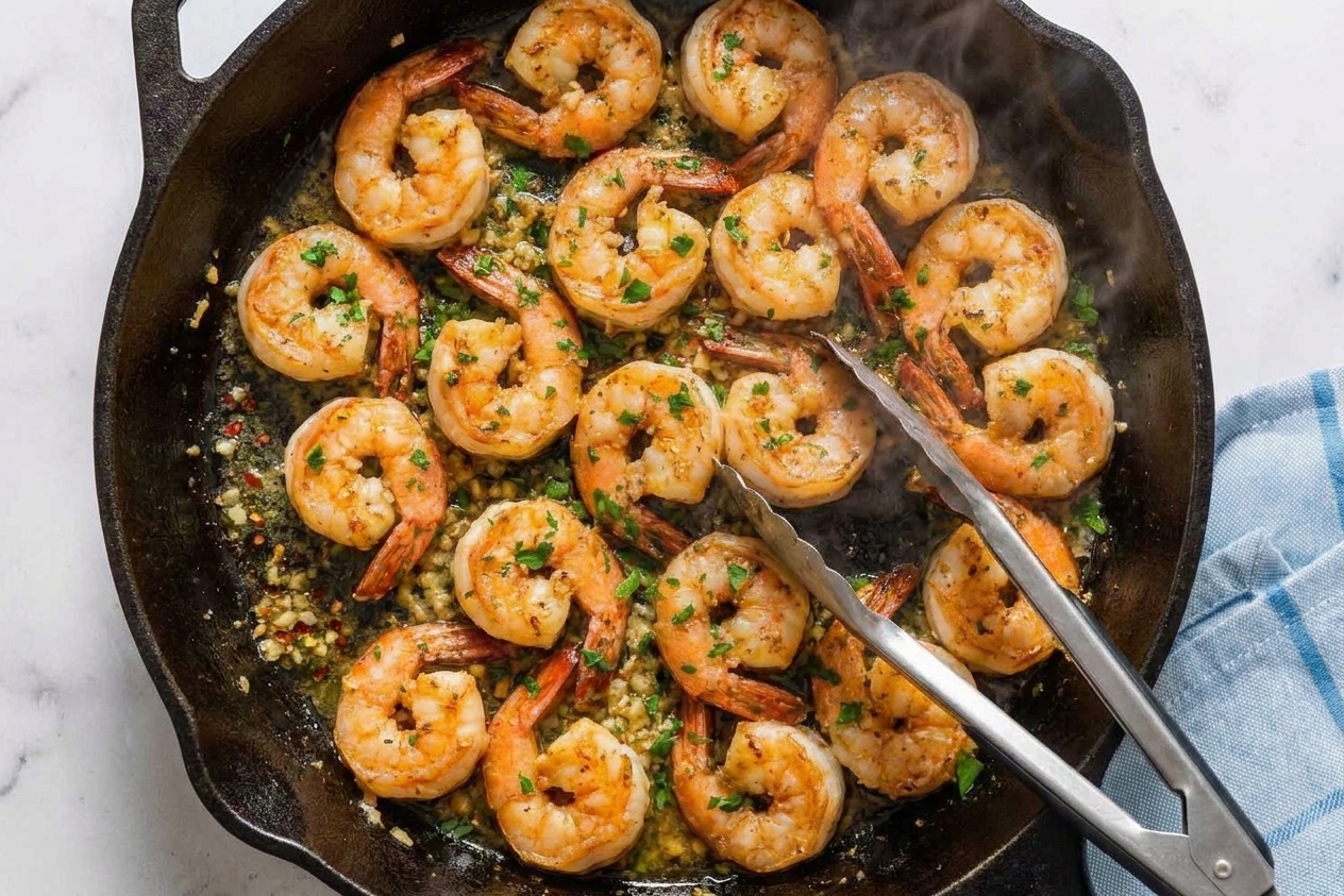 Shrimp searing in a hot skillet as they are turned with tongs